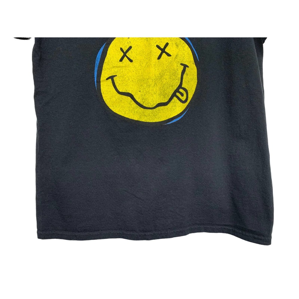 Nirvana Women size M Black Smiley Face Blue Logo T-Shirt Promo Retro - Picture 4 of 6